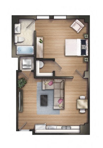 Floor plan for 1 bed, 1 bath, 737 sqft